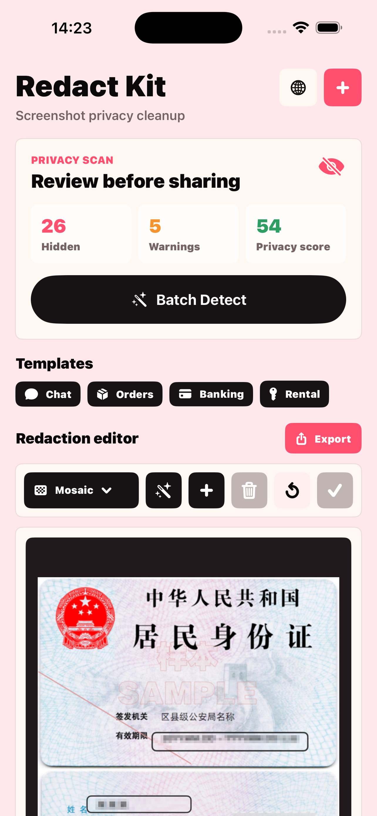 Redact Kit app showing a privacy scan, redaction editor, and batch queue
